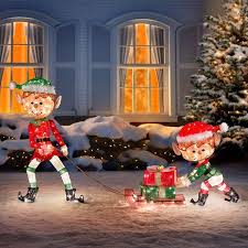 Outdoor Lighted Tinsel 3 Piece Christmas Elves Pulling Sleigh Display Yard Decor Outdoor Christmas Decorations Yard Christmas Elf Outdoor Christmas Decorations