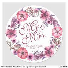 Personalized Pink Floral Wedding Sticker Zazzle Com Wedding Stickers Pink Floral Floral Wedding
