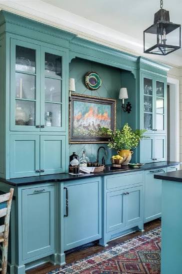 Blue Cabin Style Kitchen with Blue Herringbone Plank