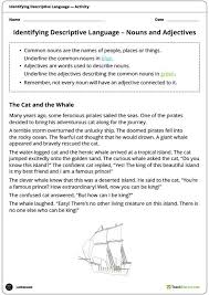 Identifying Descriptive Language Worksheets Nouns Adjectives Verbs And Adverbs Teaching Resource Literacy Narrative
