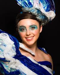 A wearable art piece titled 'Under the Sea' Created using resin, expanding  foam, a heat gun and fabric manipulation to replicate the crashing ocean  waves, movements/ripples of water and the colourful shapes