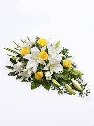 Rose And Lily Spray Yellow White Funeral Flower Arrangements Diy Flower Arrangements For Funeral Funeral Flowers