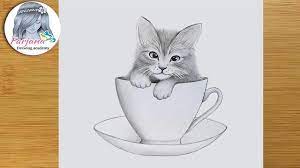 How To Draw A Cute Kitty In A Cup Step By Step Pencil Sketch Tutorial Youtube Pencil Sketch Tutorial Cat Drawing Tutorial Art Drawings Sketches Simple