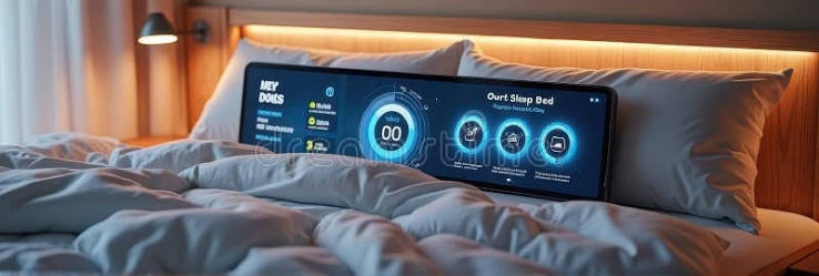 Smart Bed with Digital Display for Sleep Tracking and Comfort Adjustment in Modern Bedroom Stock Image - Image of automation, interface: 381005457