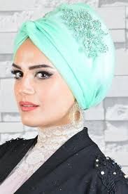 Su Yesili Abiye Tesettur Bone Turban Basortusu Kadin Dugun