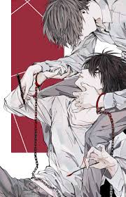 nigelungdayo, l (death note), yagami light, death note, absurdres, bad id,  bad pixiv id, highres, 2boys, bags under eyes, black hair, brown hair,  chained wrists, cradling head, cuffs, hair over eyes, handcuffs,
