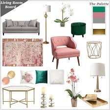 Living Room Inspiration Board In Pink Grey Green And Gold Girly Living Room Living Room Inspiration Board Pink Living Room