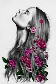 Simple Drawing Ideas Woman With Long Hair Pink Roses Tangled In It Pencil Sketch Flower Drawing Amazing Art Painting Girly Drawings