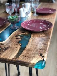 Lagoon Table With Shells Live Edge Table Azure Epoxy Table Etsy In 2020 Epoxy Resin Table Resin Table Resin Table Top