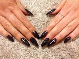 My First Set Of Gel Nails Black Coffin Shape With White Cross And Cyrstals X Coffin Nails Designs Coffin Shape Nails Cross Nails Oval, almond, square, squoval, coffin (also known as ballerina), stiletto (or pointed nails) and that old friend, round. gel nails black coffin shape