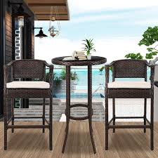 19.75''w x 35.5''l x 29.5''h base size: Patio Bistro Set 3 Piece Outdoor High Top Table And Chair Set Wicker Bar Height Bistro Sets With Glass Top Table And High Bar Stools Patio Furniture Conversation Set For Backyard Balcony