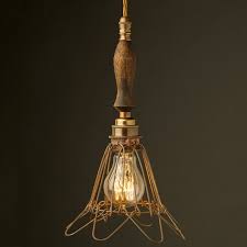 Brass Trouble Light Cage Pendant Wooden Handle Wooden Ceiling Design Steampunk Lighting Wooden Handles