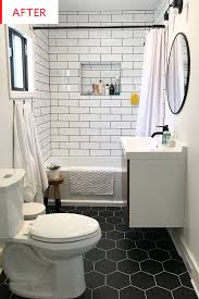 Everything about this small bathroom is in need of a modern makeover, from the busy wallpaper to the curtained pedestal sink. Before And After Someone Pulled Off A 6k Bathroom Reno In 5 Days Budget Bathroom Remodel Bathrooms Remodel Bathroom Interior Design