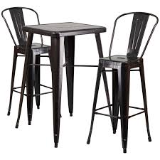 Also referred to as pub tables or breakfast tables, they pair well with bar stools and can even provide standing alternatives during parties or events. 23 75 Square Black Antique Gold Metal Indoor Outdoor Bar Table Set With 2 Stools With Backs Restaurant Furniture Org