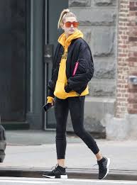 Black Bomber Jacket Outfits Womens 16 Women S Bomber Jackets Approved By The Worlds Trendiest Celebs I Am Co Hailey Baldwin Street Style Hoodie Outfit Casual Yellow Hoodie