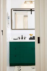 Home Tour Tile And Wallpaper Give A Cottage Modern Spanish Style In 2020 Green Bathroom Dark Green Bathrooms Green Vanity