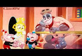 anonymous character artist name ball fondling bara biceps blowjob  chef saltbaker chubby male cuphead cuphead: the delicious last course  cuphead (game) dessert dominant male female grin handwear huge balls