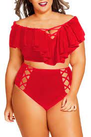 Women S Plus Size Off The Shoulder Ruffles High Waist Bikini Sets Swimsuit Red C917azkiknn Swimsuits High Waisted Women S Plus Size Swimwear Bikini Swimsuits