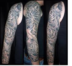 Black And Grey Full Sleeve Tattoo Ideas Dislike Abundance Of Similar Shades Of Blue Grey Elements Seem Merged Rose Tattoo Sleeve Tattoo Sleeve Men Full Sleeve Tattoos