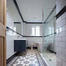 Black Mounted Vanity And Elegant White Victorian Wall Tiles Using Elegant Printed Floo Patterned Bathroom Tiles Bathroom Floor Tile Patterns Bathroom Wall Tile