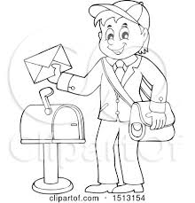 Clipart of a Black and White Happy Mail Man Holding an Envelope ...