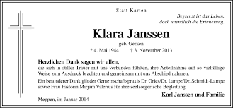 Traueranzeigen Von Klara Janssen Noz Trauerportal
