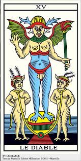 En el tarot de marsella, el diablo es retratado con rasgos faciales en lugares ins�litos, como una boca de su est�mago, los ojos sobre sus rodillas, etc. Coaching Con Tarot Evolutivo El Diablo Dejarse Llevar Por El Deseo