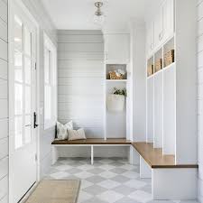 Classic Farmhouse Mudroom Love The Grey And White Checkered Floors With The Touch Of Warmth With The Wood Bench The Orono H Mudroom Design Home Mudroom Decor