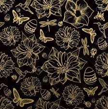 New floral pattern to show you today:). Seamless Pattern Flowers Butterflies Hummingbirds Gold Background Gold Floral Black Elements Flower Line Gold Thread Pattern Gold Seamless Lace Spring Summer Theme Packaging Gifts Greetings Royalty Free Cliparts Vectors And Stock Illustration