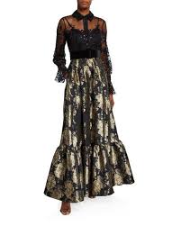 Badgley Mischka Collection Long Sleeve Lace Top Brocade Skirt Combo Shirtdress Lace Top Long Sleeve Unique Formal Dresses Long Sleeve Lace