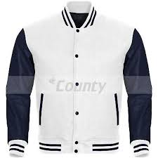 Bomber Varsity Letterman Baseball Jacket White Body Navy Blue Leather Sleeves Ebay