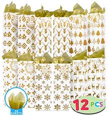 Find images of gift present. 12 Pack Christmas Wine Bottle Bags Gold Foil With Tissue Paper And Name Tags 6 Christmas Print Designs For Winter Holiday Xmas Gift Party Favor Decoration Liquor Lovers And Drinkers Gift Presents