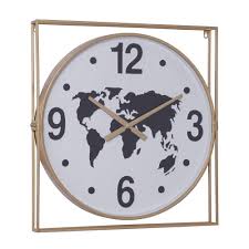 Framed maps of the world make for stunning decor in any home or space. Grayson Lane Square Gold Metal Framed Wall Clock With Round Black And White World Map Face 24 5 In X 26 In In The Clocks Department At Lowes Com