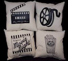 Home theater decorative door curtains and home theater window curtains velvet home theater movie studio curtain whether you go high end or are on a modest budget, you can still achieve a fun media room, with a little imagination and creativity you too can have the feel of the cinema at home. Set Of 4 Home Theater Pillows Personalized Home Movie Theatre Decoration A Complete Set Stuffed And S Movie Room Decor Home Theater Decor At Home Movie Theater