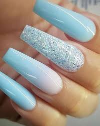 They harden when exposed to natural air. Coffin Blue Acrylic Nails With Glitter They Harden When Exposed To Natural Air