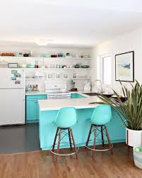 Bold Turquoise Kitchen With Open Shelving And Vintage Style Great Diy Budget Friendly Makeover Click Through Diy Painted Floors Vinyl Flooring Diy Flooring