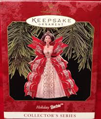 1997 Holiday Barbie Ornament Wearing An Ensemble Adorned With Cascading Ribbons And Lace Barb Holiday Barbie Hallmark Ornaments Hallmark Christmas Ornaments