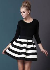 Black And White Strips Frock Black White Striped Three Quarter Length Sleeve Stripe Dress Fashion Style Zig Zag Dress
