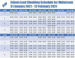Eskom has announced that load shedding will begin at 10pm on tuesday night until 5am on wednesday morning. Midstream Mes On Twitter 5feb21 Eskom Will Implement Stage 2 Loadshedding From 12 00 Today Until Sunday Evening Please Check The New Eskom Load Shedding Schedule For Midstream As Per Eskom Website Https T Co Rrjuvwimi1