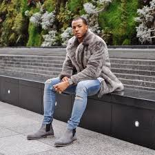 Chelsea slip on suede boots for men genuine leather chukka boots waterproof casual oxford dress ankle bootie. Men S Grey Fur Coat Light Blue Ripped Skinny Jeans Grey Suede Chelsea Boots Brown Leather Watch Lookastic