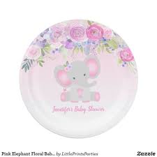 Pink Elephant Floral Baby Shower Paper Plate Baby Shower Paper Pink Elephants Baby Shower Baby Shower