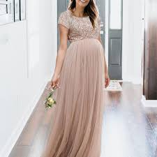 Maternity Maxi Tulle Dress With Tonal Delicate Sequins In