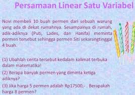 Materi mafia online adalah blog tentang materi, contoh soal, dan cara cepat mengerjakan soal serta persamaan matematika, fisika dan kimia. Persamaan Linear Satu Variabel Pengertian Rumus Contoh Soal