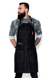 Chef Apron Opaque Black Twill No Tie Leather Trim Split Chef Bartender Barista Grill Shop Black Apron Raw Fabric Apron