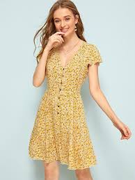 Ditsy Floral Button Front Swing Dress Romwe Fashion Clothes Women Swing Dress Fashion