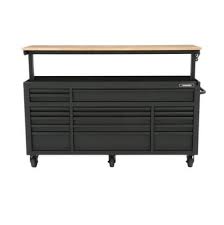 Husky 72 In 18 Drawer Mobile Workbench With Adjustable Height Solid Wood Top In Matte Black Holc7218bb1mys Th Workbench Workbench Plans Diy Mobile Workbench