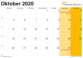 Kalender oktober 2017 als pdf vorlagen. Oktober 2020 Kalender Mit Feiertagen