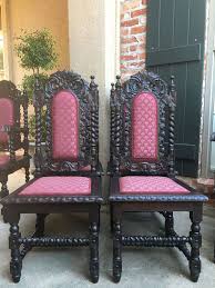 Set 4 Antique English Carved Dark Oak Barley Twist Dining Chair Renaissance English Antique Furniture Interior Design History Barley Twist Furniture