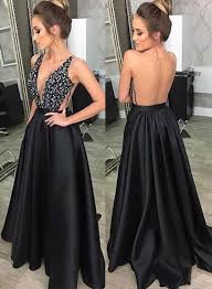 Black V Neck Long Prom Dress With Beaded Top Long Satin Evening Dress 122712 Black Prom Dresses Floor Length Prom Dresses Black Evening Dresses