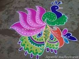 This design is made in a circular pattern where diyas are drawn symmetrical. Peacock Kolam Design Rangoli Kolams